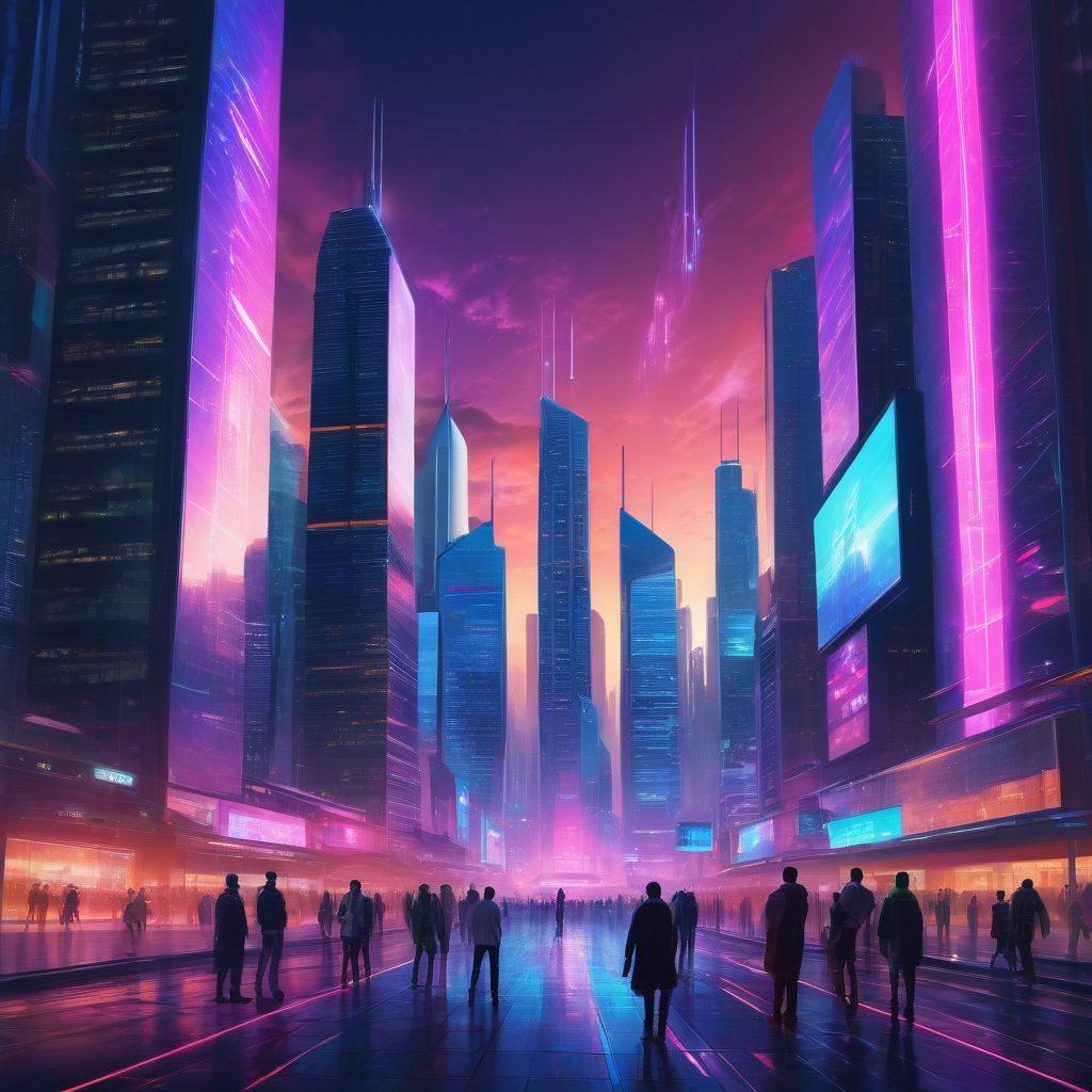 A futuristic cityscape where digital holograms of TV shows and movies float above skyscrapers, interconnected by high-speed data beams, all set against a twilight sky. In the foreground, diverse individuals engage with augmented reality devices, seamlessly streaming content across various mediums. The scene should give a sense of innovation, connectivity, and boundary-breaking. cyberpunk. vibrant colors. 3D.