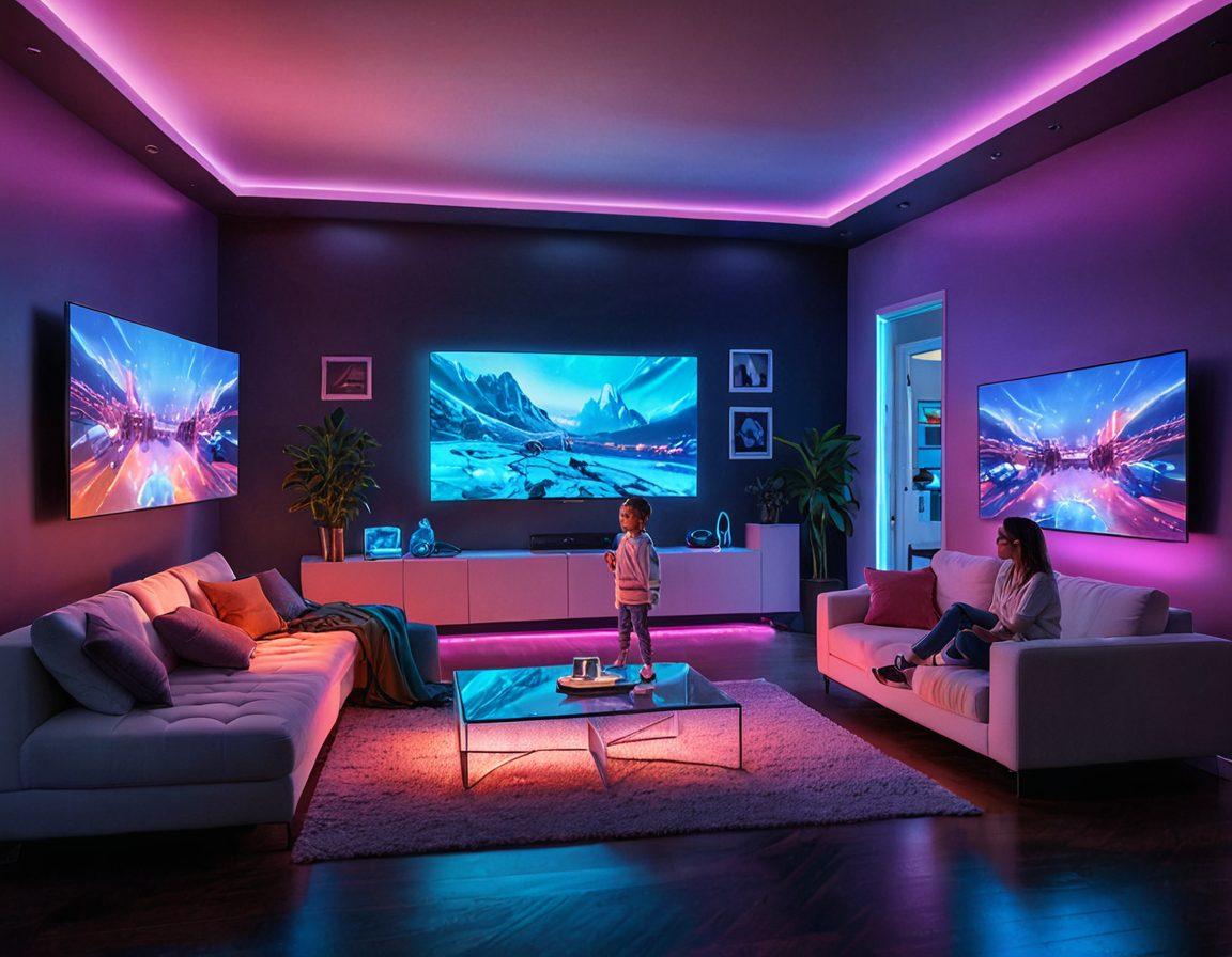A futuristic living room with a holographic television projecting a variety of streaming content, surrounded by gadgets like VR headsets, tablets, and smart home devices. Neon lights and vibrant holograms create a dynamic, high-tech atmosphere. A diverse family is comfortably seated, enjoying different types of content on multiple screens. The scene exudes innovation and interconnectivity. super-realistic. vibrant colors. futuristic style.
