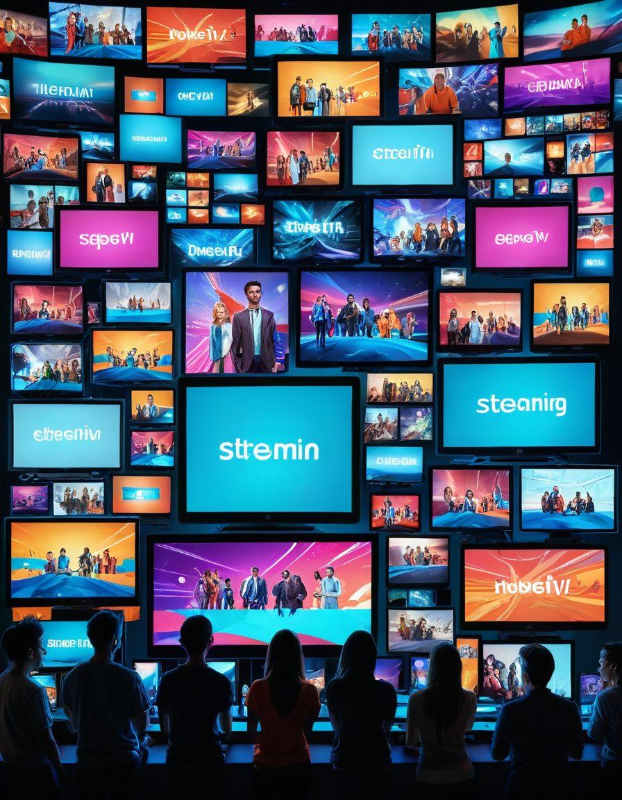 A vibrant digital collage showing a diverse group of people immersed in Web TV and streaming content. Include futuristic television screens, floating holographic displays, and various devices like smartphones, tablets, and laptops displaying popular streaming platforms. The background should feature a blend of colorful, abstract patterns symbolizing the dynamic and evolving nature of online entertainment. super-realistic. vibrant colors. futuristic style.